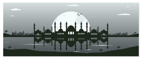 mosquée silhouette arrière-plans avec Urbain bâtiments et plein lune dans le Contexte vecteur