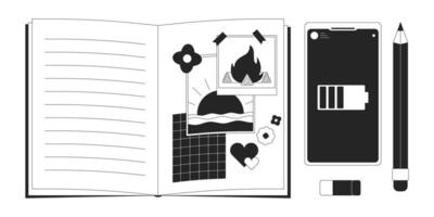 adolescent fille carnet téléphone intelligent noir et blanc 2d ligne dessin animé objets ensemble. planificateur avec stylo, mobile téléphone isolé vecteur contour articles collection. journal intime de petite fille monochromatique plat place des illustrations