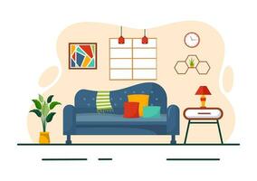 Accueil décor vecteur illustration avec vivant pièce intérieur et meubles tel comme confortable canapé, fenêtre, chaise, maison les plantes et accessoires