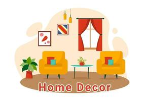 Accueil décor vecteur illustration avec vivant pièce intérieur et meubles tel comme confortable canapé, fenêtre, chaise, maison les plantes et accessoires