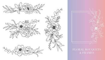 pivoine ligne dessin. floral cadres et bouquets. floral ligne art. bien ligne pivoine cadres main tiré illustration. main tiré contour magnolias. botanique coloration page. pivoine isolé vecteur