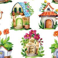 sans couture modèle de mignonne fleur Maisons, aquarelle modèle avec Fée maison dans fleur jardin vecteur