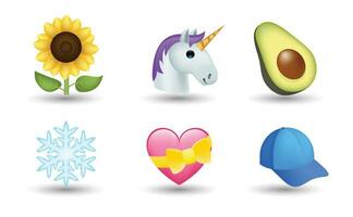 6 émoticône isolé sur blanc Contexte. isolé vecteur illustration. tournesol, Licorne, avocat, flocon de neige, rose cœur avec Jaune ruban, été chapeau vecteur emoji illustration. 3d illustration.