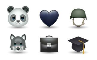 6 émoticône isolé sur blanc Contexte. isolé vecteur illustration. Panda, cœur, casque, loup, mallette, bachelier casquette vecteur emoji illustration. ensemble de 3d objets illustration dans noir Couleur