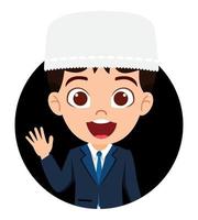 heureux mignon beau garçon arabe musulman avatar de personnage portant une tenue d'affaires musulmane avec une expression faciale joyeuse vecteur