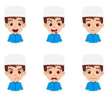 heureux mignon beau garçon arabe musulman avatar de personnage portant une tenue d'affaires musulmane avec différentes expressions faciales et émotions vecteur