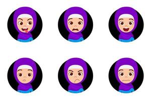 heureux mignon beau musulman arabe kid personnage avatar portant une tenue d'affaires musulmane hijab avec différentes expressions faciales et émotions vecteur