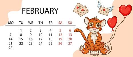 modèle de conception de calendrier pour 2022, l'année du tigre selon le calendrier chinois ou oriental, avec une illustration du tigre. table horizontale avec calendrier pour 2022. vecteur