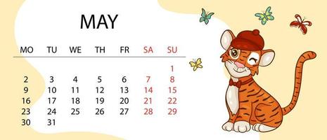 modèle de conception de calendrier pour 2022, l'année du tigre selon le calendrier chinois ou oriental, avec une illustration du tigre. table horizontale avec calendrier pour 2022. vecteur