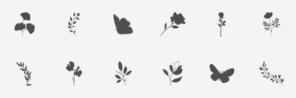 ensemble floral de silhouettes de plantes et de fleurs vecteur