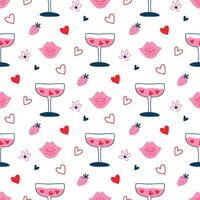 rose griffonnage l'amour sans couture modèle pour valentines journée. main tiré cocktail, cœurs, charmant fraise, lèvres, baisers dans minimal style. vecteur mignonne fond d'écran, 14 février répéter arrière-plan, sucré impression