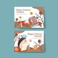modèle de carte postale avec concept animal automne, style aquarelle vecteur