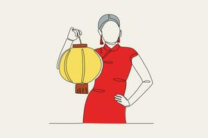 une femme dans une rouge robe détient une lanterne vecteur