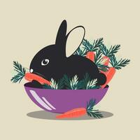 une noir mignonne lapin grimpé dans une violet bol avec des légumes et grignoter sur une juteux carotte. vecteur. vecteur