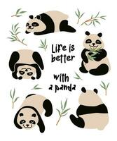 Panda et bambou autocollant ensemble. plat, dessin animé vecteur illustration