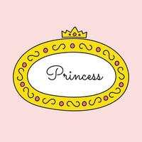 mignonne d'or ovale vecteur Cadre avec couronne et caractères. rose miroir pour peu princesse, magnifique décoratif frontière, main dessiné, griffonnage illustration.