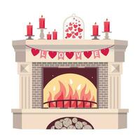 romantique cheminée décoré pour valentines journée. une cheminée avec une brûlant feu, une guirlande de cœurs, rouge bougies. illustré vecteur clipart.