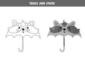 trace et Couleur mignonne dessin animé raton laveur parapluie . feuille de travail pour les enfants. vecteur