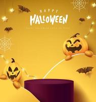 bannière d'halloween ou fond d'invitation à la fête avec affichage de produit de forme cylindrique et décoration festive pour halloween vecteur