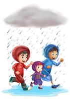 Trois enfants courir sous la pluie vecteur