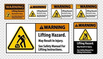 Risque de levage, peut entraîner des blessures, voir le manuel de sécurité pour les instructions de levage symbole signe isoler sur fond transparent, illustration vectorielle vecteur