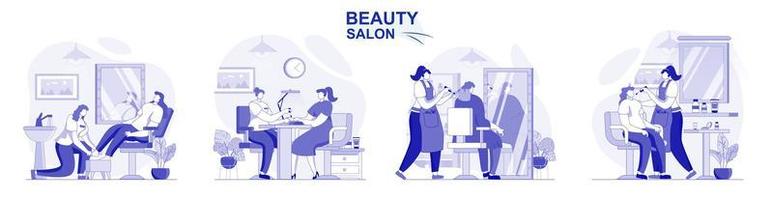 salon de beauté isolé dans un design plat. les gens obtiennent la manucure, la pédicure, le maquillage, le coiffeur travaille une collection de scènes. illustration vectorielle pour les blogs, site Web, application mobile, matériel promotionnel. vecteur