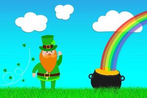 heureux st. leprechaun de la fête de patrick et pot d'or sur le concept d'herbe d'illustration vectorielle de carte postale vecteur