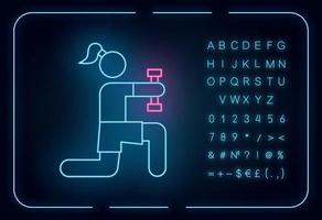 icône de néon d'exercice physique. activité sportive. entraînement en salle de sport. entraînement avec des haltères. renforcement musculaire. signe lumineux avec alphabet, chiffres et symboles. illustration vectorielle isolée vecteur