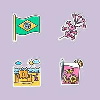 patchs imprimables au Brésil. drapeau national. Ensemble d'autocollants, d'épingles et de badges de couleur rvb. plumeria. Caipirinha. château de sable sur la côte. cocktail traditionnel. plage de l'océan. illustrations vectorielles isolées vecteur