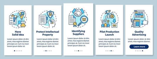 démarrer la production locale en intégrant l'écran de la page de l'application mobile, les concepts linéaires. avoir une idée solide. identification des fournisseurs. instructions graphiques en cinq étapes. ux, ui, modèle vectoriel gui, illustration