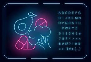 icône de néon d'apport en vitamines. avocat et brocoli. pilules et médicaments. complément alimentaire. alimentation biologique et naturelle. signe lumineux avec alphabet, chiffres et symboles. illustration vectorielle isolée vecteur