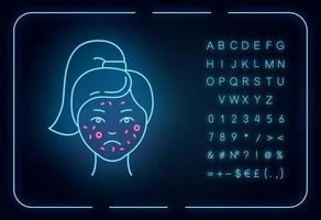 icône de néon d'acné. boutons sur le visage féminin. soins de la peau pour l'inflammation et l'irritation. Traitement facial. cosmétologie. signe lumineux avec alphabet, chiffres et symboles. illustration vectorielle isolée vecteur