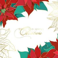 cadre carré blanc poinsettia de noël dans un style de luxe élégant. feuilles de soie rouge et verte avec une ligne dorée sur fond blanc. décor de réseaux sociaux de noël et nouvel an vecteur