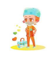 personnage d'infirmière garçon de dessin animé avec boîte à vaccins. dessin dans le style du manga et de l'anime. style de dessin animé enfantin aux couleurs vives vecteur