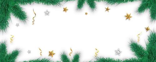 joyeux noël et bonne année bordure de cadre. bannière avec des branches d'arbres de Noël, une étoile dorée et des confettis. vecteur