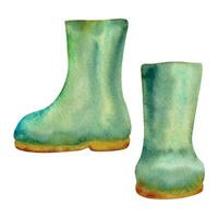 main tiré aquarelle illustration printemps jardinage, chaussure vert caoutchouc pluie gencive bottes des chaussures Wellington. Célibataire objet isolé sur blanc Contexte. conception imprimer, boutique, scrapbooking, emballage vecteur