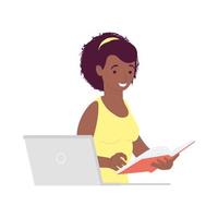 jeune femme afro utilisant un ordinateur portable et un livre de lecture apprentissage en ligne vecteur