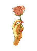 femelle main en portant une Rose dans coloré ancien style vecteur