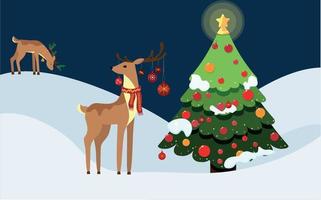 beau et mignon deux cerfs stylisés. cerf de fée de dessin animé. arbre de Noël joliment décoré. illustration vectorielle vecteur