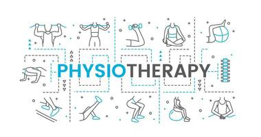 la toile bannière avec physiothérapie Icônes dans noir et bleu couleurs. illustration avec colonne vertébrale, orthopédique oreiller et gens qui exercer. vecteur