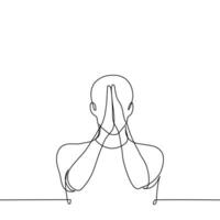 homme des stands avec le sien mains ensemble, paumes ensemble dans une geste de supplication - un ligne dessin vecteur. concept de prière ou méditation vecteur