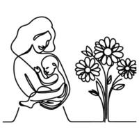 international aux femmes journée carte, femme en portant sa enfant dans cœur avec continu un noir contour ligne dessin content les mères journée bannière griffonnage style vecteur illustration