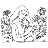 international aux femmes journée carte, femme en portant sa enfant dans cœur avec continu un noir contour ligne dessin content les mères journée bannière griffonnage style vecteur illustration