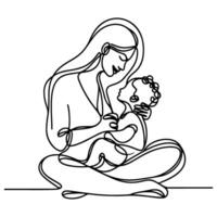 international aux femmes journée carte, femme en portant sa enfant dans cœur avec continu un noir contour ligne dessin content les mères journée bannière griffonnage style vecteur illustration