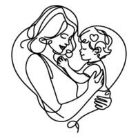 international aux femmes journée carte, femme en portant sa enfant dans cœur avec continu un noir contour ligne dessin content les mères journée bannière griffonnage style vecteur illustration