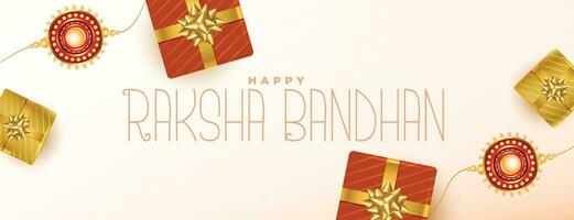 ethnique raksha bandhan Festival bannière avec cadeau des boites et rakhi conception vecteur