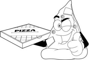 décrit un clin d'oeil Pizza tranche dessin animé personnage en portant Pizza boîte et donnant le les pouces en haut vecteur