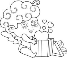 décrit mignonne Cupidon ange dessin animé personnage en portant cadeau boîte avec cœurs. vecteur main tiré illustration