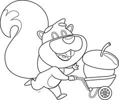 décrit mignonne écureuil dessin animé personnage fonctionnement avec une Chariot avec une gros gland. vecteur main tiré illustration