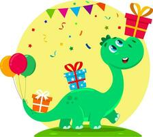 mignonne anniversaire dinosaure dessin animé personnage porte sur cadeau des boites. vecteur illustration plat conception